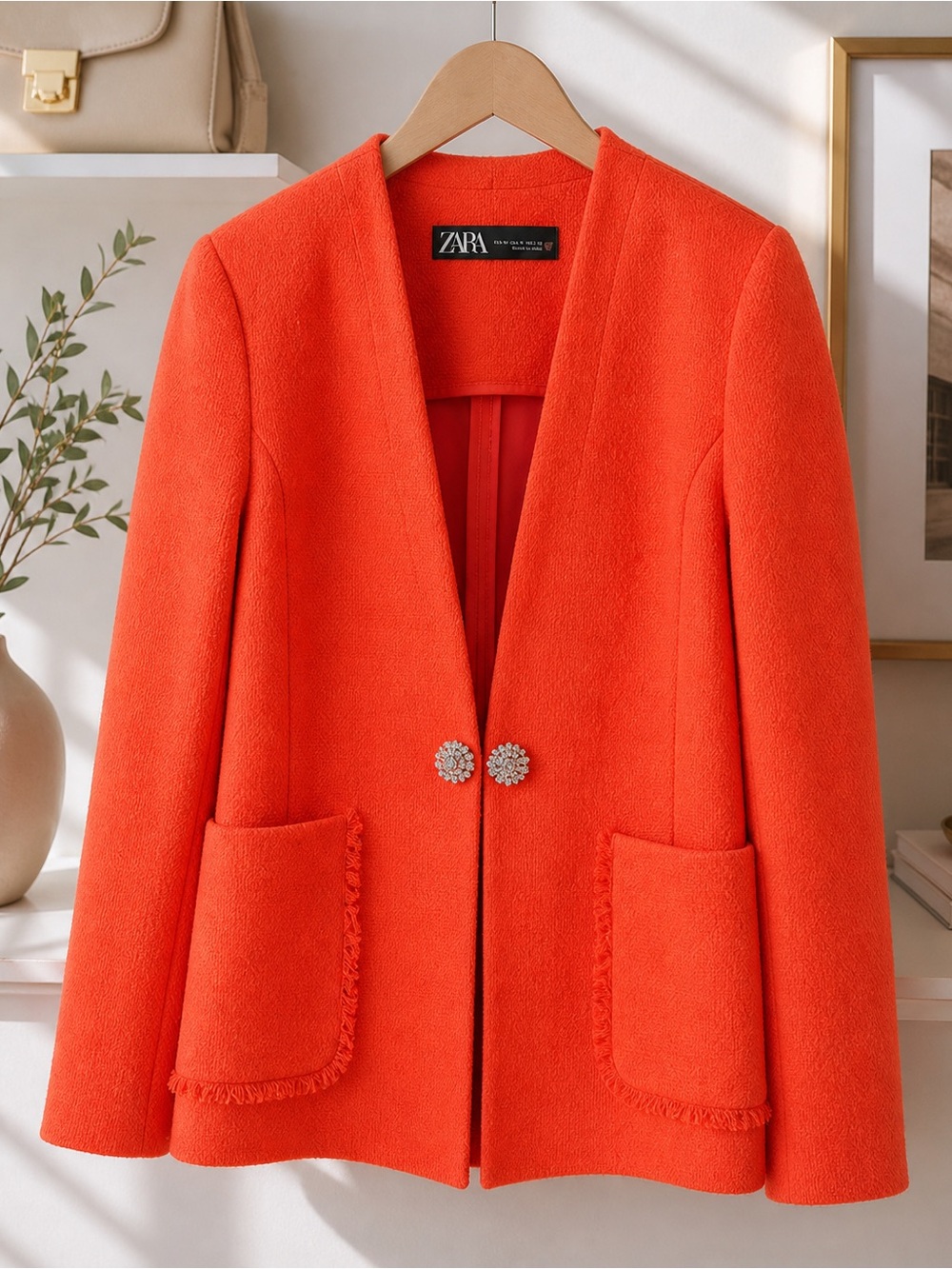 Zara Women's Bright Orange Textured Blazer Crystal Buttons sz Medium 6 8